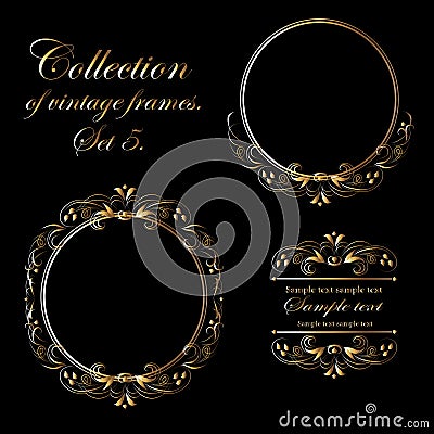 Vector design of vintage round gold frames on black background for cards, business cards and invitations. Vector Illustration